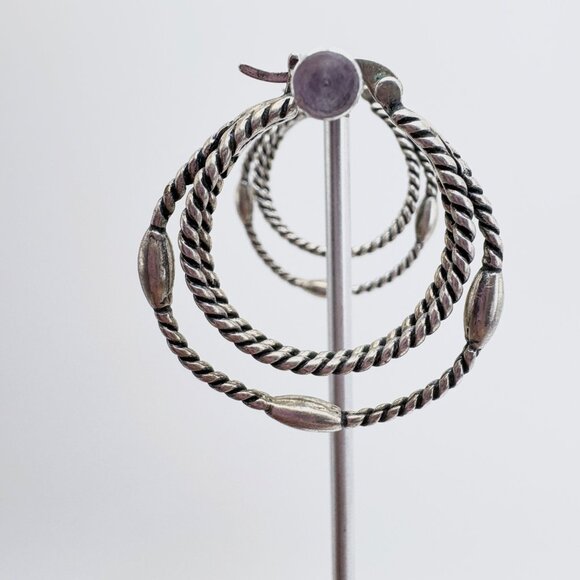 VTG Sterling Silver 925 Twist Design Triple Hoop Earrings Size 1.5" Diameter - Picture 3 of 11